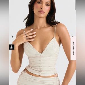 house of cb ANTONELLA off white vegan corset + KAIRA off white draped midi skirt